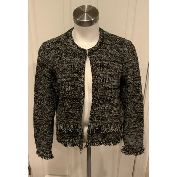 Tahari Black & White Tweed Long Sleeve Cardigan W/ Fringe Trim, Size M - Picture 1 of 6
